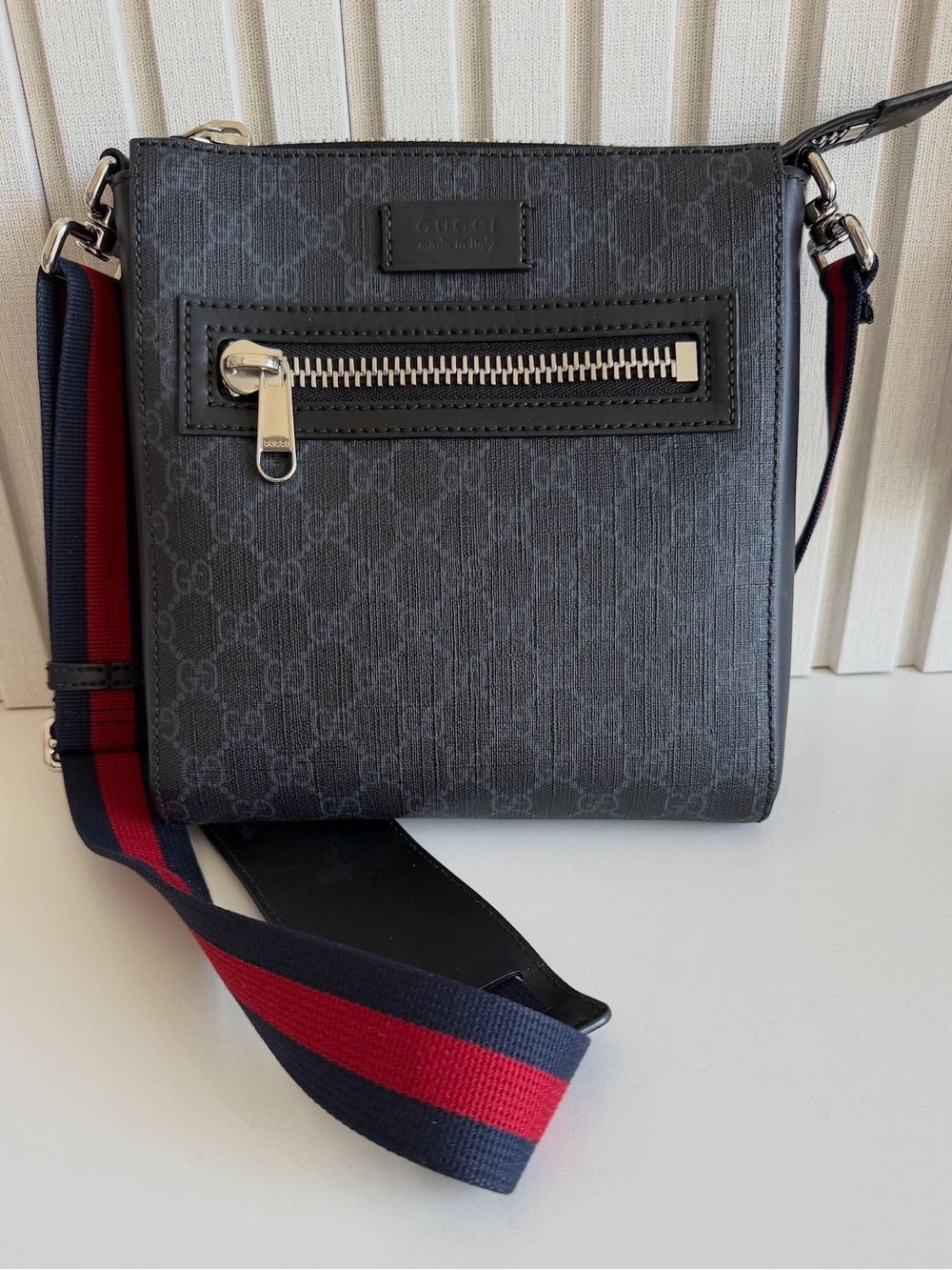 Gucci Black GG Supreme Messenger with Red & Navy Web Strap